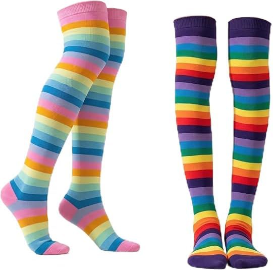 2 Sets Rainbow Striped Leg Warmers for Women, Knee High Socks Long Knitted Arm Warmers Fingerless Gloves, Pride Halloween Costume Accessories