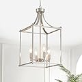 XINGQI Farmhouse Brushed Nickel Chandeliers for Dining Room, Geometric 4 Light Hanging Lantern Pendant Light Fixture for Staircase Foyer Kitchen Island Dinning Room Living Room