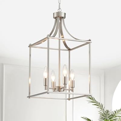 XINGQI Farmhouse Brushed Nickel Chandeliers for Dining Room, Geometric 4 Light Hanging Lantern Pendant Light Fixture for Staircase Foyer Kitchen Island Dinning Room Living Room