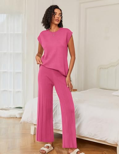 Image of Ekouaer Lounge Sets for Women Two Piece Outfits Knit Cap Sleeve Tops Wide Leg Pleated Pants Casual Dressy Sweater Sets
