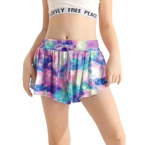 Girls Flowy Athletic Shorts with Pocket Drawstring 2 in 1 Quick Dry Butterfly Skirts for Running, Tennis, Dance 10-11 Years Blue Aurora