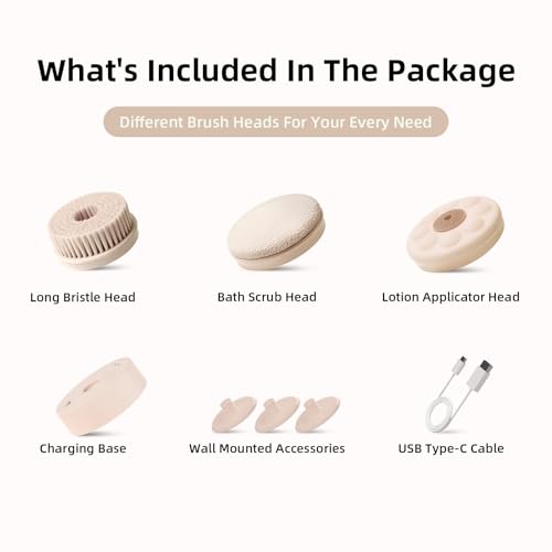 Image of Electric Body Brush, Back Scrubber for Shower with Long Dual Handle, Waterproof Power Shower Brush with 3 Interchangeable Heads & 2 Speeds for Cleansing, Exfoliating and Massage, Nude Pink