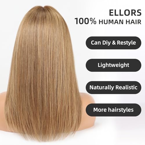 Image of 16 Inch Brown and Gold Ombre Human Hair Wig, Human Hair Wig With Bangs, Real Hair Wigs For Women, real human hair wigs