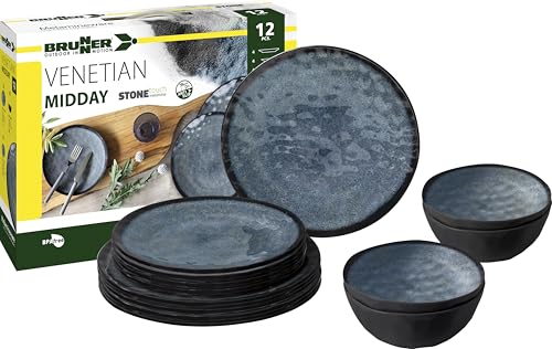 BRUNNER Campinggeschirr Set (12-teiliges Set) für 4 Personen - Midday Venetian - aus hochwertigem Stone Touch Melamin, rutschfest und langlebig