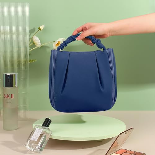 Image of Cortina Large Travel Toiletry & Makeup Organizer Bag - for Men & Women - Portable Cosmetic Storage Bag with Handle & Zipper Closure - Dark-Blue