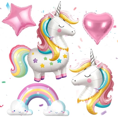 Winrayk 5 Pack Self Standing Unicorn Balloons Bulk, 3D Self-designed Unicorn/Rainbow/Star/Heart Foil Balloons, Princess Girls Birthday Party Decorations Supplies (Original Design)