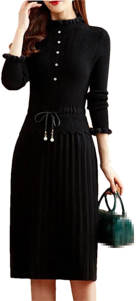 Casual Fake Two Pieces Pleated Knitted Dress Women Long Sleeve Bottoming Sweater Dresses Fall Slim Midi Dress