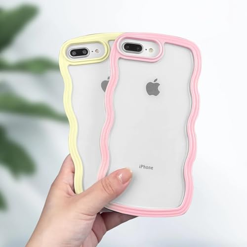Image of GoldKart iPhone 7 Plus / 8 Plus Case Wavy Edge Clear Back Design, Anti-Slip Grip Cute Wave Curly Frame Shape Shockproof Soft TPU & Hard PC Bumper Protective Phone Case Cover for Women Girls - Pink