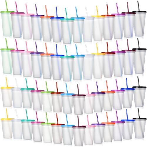 Hsei Reusable Plastic Tumbler with Straw and Lid Bulk -clear Plastic Cups with Lid and Straw for Iced Coffee Water Smoothie Water Bottle Travel Mug Cup for Birthday Party Gifts(56 Pack,24 oz, 16 oz)