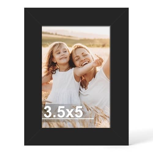 Hongkee 3.5x5 Picture Frame Made of Real Glass and Wooden Frame Horizontal and Vertical Display for Wall or Tabletop (Black 1 Pack)