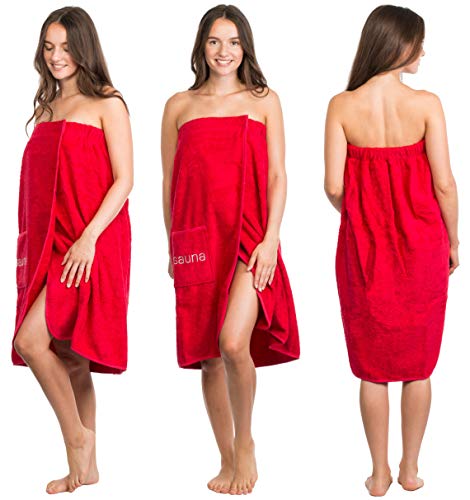 Miniatura 6 de Brandsseller Toalla De Sauna Para Mujer S-Xxl Con Cierre De Velcro, Goma Elástica Y Bolsillo, 100 Algodón, Color Rojo