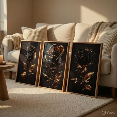 Image of Livin'luxe Black Gold Rose Wall Painting Set of 3 with Wooden Frames | Luxury Floral Artwork HD Sparkle Laminated MDF Wall Decor | Elegant Rose Wall Art for Living Room Bedroom Office