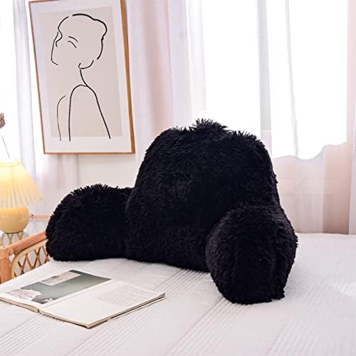 A Nice Night Faux Fur Reading Pillow Bed Wedge Large Adult Children Backrest with Arms Back Support for Sitting Up for Bedrest,Black