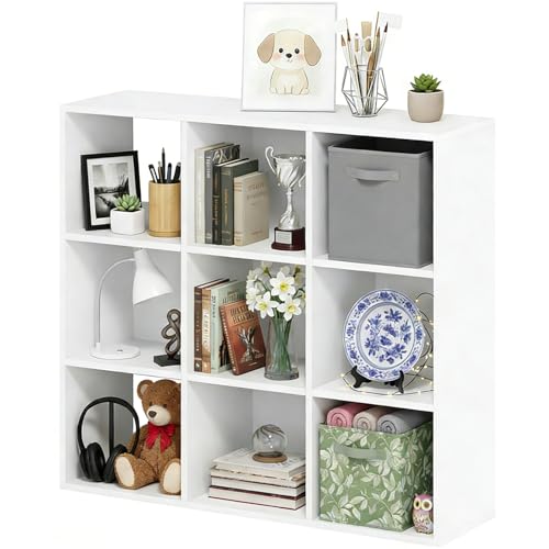 9-Cube Storage Organizer, White Bookshelf with Open Compartments...
