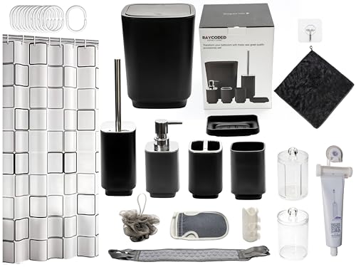 RAYCODED 29pcs, Bathroom Accessories Set, Bathroom Accessory Set with Trash Can, Bathroom Shower Curtain Sets, Shower Curtains for Bathroom Sets, Black Restroom Decor and Accessories