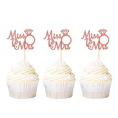 Ercadio 24 Pack Miss To Mrs Cupcake Toppers Rose Gold Glitter Wedding Ring Cupcake Picks Bridal Shower Anniversary Engagement Party Cake Decoration Supplies #TOP22