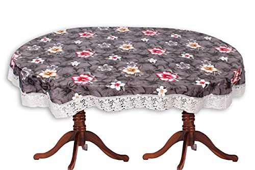 Image of The Furnishing Tree Waterproof PVC Oval Shaped 12 Seater Table Cover WxL 60x140 inches Floral Pattern Multi Grey with White Border lace