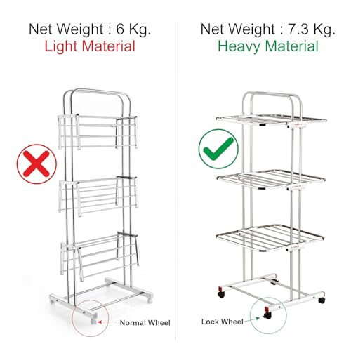 Image of Rubby Heavy Duty Cloth Dryer Stand with Installation Kit, 3 Tier Stainless Steel Drying Rack with Lock Wheels, Net Weight (7.3 Kg)