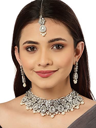 Karatcart Oxidised Silver Pearl Beads Studded Kundan Choker Necklace Set - Image 2