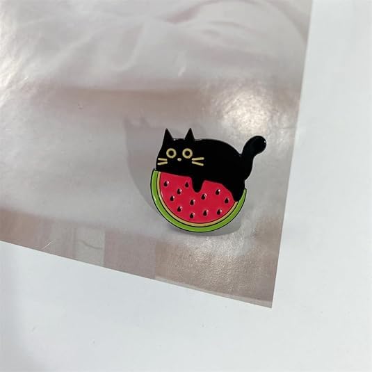 Image of Cute Black Cat Watermelon Enamel Brooch Pin Funny Novelty Cartoon Animal Fruit Lapel Pins Clothing Backpacks Jackets Collar Badges DIY Decoration Jewelry Kawaii Creative for Women Girls Boys