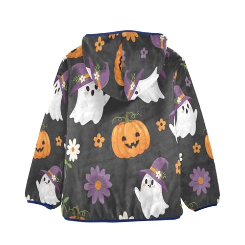 Halloween Ghosts Pumpkins Flowers Toddler Fleece Jacket Girl Boys Hooded Fleece Jacket Coat Warm Outwear Zip-up 3-10T2
