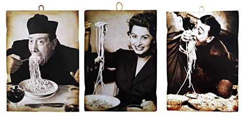 Tableaux style vintage acteurs célèbres à table Fernandel Loren Totò bois 18x25