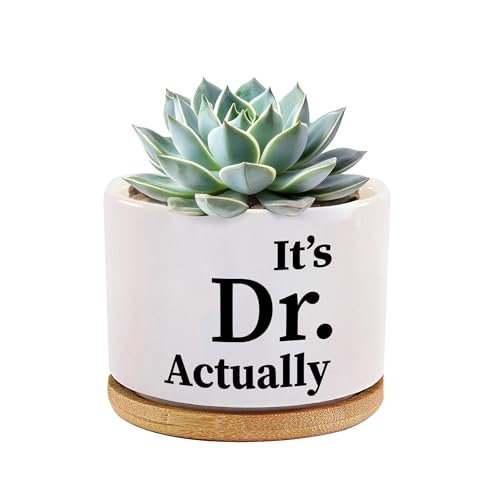 Loovelo It's Dr Actually Doctor Gifts Succulent Plant Pot with Bamboo Tray Round Graduation Gifts from Mom Dad Daughter Son Home Office Decor 3.5 Inch White (No Plants)