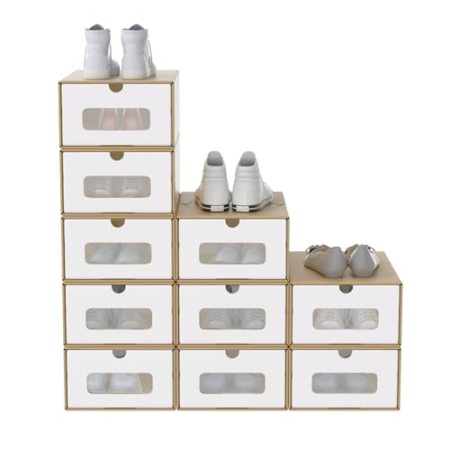 FIVMEN 10 cajas de zapatos apilables de papel kraft con tapa y ventana transparente para zapatos, 34,5 x 23,5 x 13,5 cm