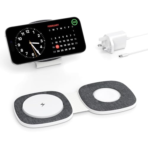 2 in 1 Foldable Wireless Charger for MagSafe Charging Station for Apple iPhone 17, Air, 16, 15, 14, 13, 12 Series, for Apple Watch 11/10/9/8/7/6/5/4/3/2/Ultra/SE, for AirPods 3 in 1 (20W PD Adapter)
