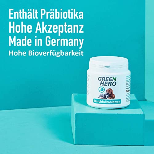 Green Hero Durchfall-Tabletten für Hunde & Katzen, 60 Kautabletten - Mittel gegen Durchfall mit Präbiotika - Unterstützung von Magen & Darmflora - Ergänzungsfuttermittel bei Magenproblemen