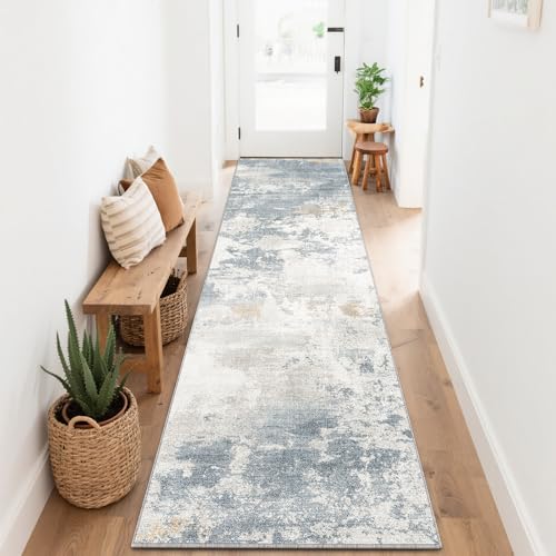 Image of SOANNY Runner Rug, 80x240 cm Abstract Low Pile Carpet, Non-Slip Washable Area Mat for Bedroom, Hallway, Kitchen, Laundry, Entryway, Utility, Beside Sofa, Office, Blue Grey