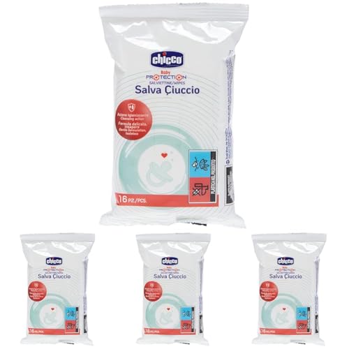 Chicco 00007921000000 - Chicco Toallitas Limpia Chupetes, Prácticas Toallitas Higiénicas Para Chupetes Y Tetinas, Ideal Bolsillo Y Viaje, Formato 16 Ud, 4 g (Paquete de 4)
