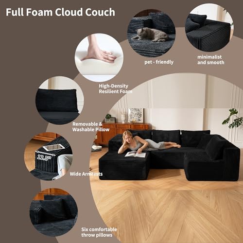Image of 140 inch Oversized No Assembly Compression Boneless Cloud Sectional Couches for Living Room, L-Shape Comfy Fluffy Sleeper Sofa Bed, Modular Corduroy Reclining Memory Foam Furniture for Bedroom Home Black