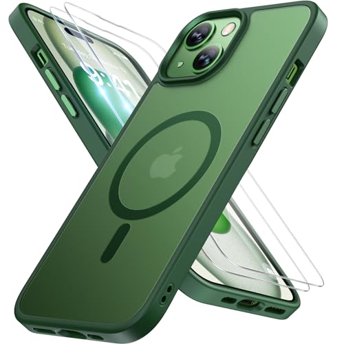Image of Miracase Magnetic for iPhone 15 Case (Compatible with MagSafe)(with 2X Screen Protectors) Military-Grade Protection, Anti-Fingerprint Translucent Matte Phone Cover for iPhone 15 6.1 inch, Dark Green