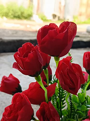 Image of RED Artificial Flower with Realistic Green Leaf Pot /Tree and Real Feeling Romantic Flower for Home Decoration Flower with Vase Pot Bonsai Plant (RED)
