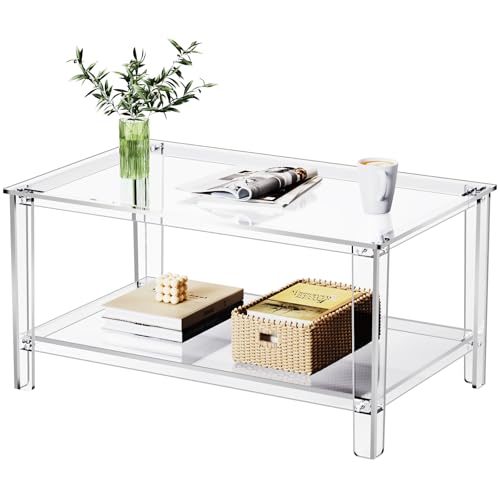 solaround Acrylic Coffee Table with Storage Shelf,Rectangle Living Room 2-Tier Center Table for Small Spaces (Rectangle, Clear, Nomal)