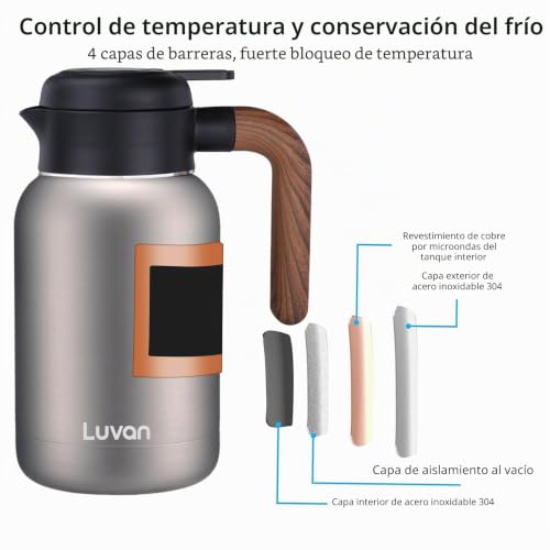 Miniatura 3 de Jarra Térmica,Sus316 Termo Café Al Vacío De Doble Pared,Termo 2 Litros Y Empuñadura De Madera Maciza Aislada 12h De Calory 24h De Retención De Frío Para Dispensador De Té,Agua,Café Plata