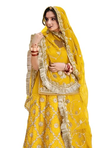 Image of Heavy Embroidery Work Semi Stitched Shimmer Silk Designer Rajputi Poshak For Women Rajasthani Lehenga Choli