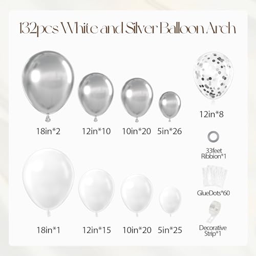 132pcs Silver and White Balloon Arch Kit, Metallic Silver and White Balloons Different Sizes of 18 12 10 Inch Balloons for Wedding Anniversary Baby Shower Graduation Birthday Party Decoration by EHOIHEI - Image 2