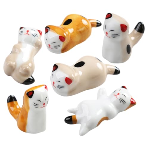 MAGICLULU 6pcs Cute Cat Ceramic Chopstick Rest Kitchen Cutlery Organizer for Spoons Forks and Knives Adorable Tableware Decor for Dining and Entertaining
