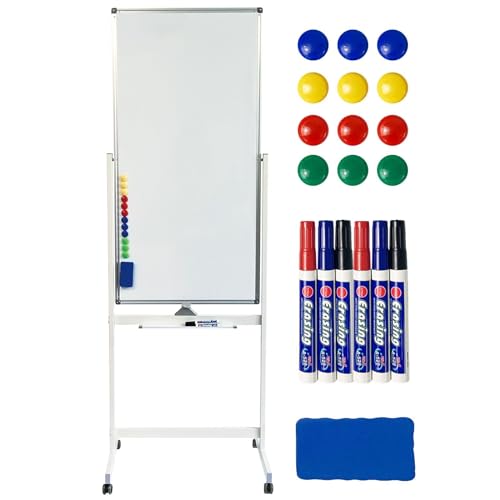 ホワイトボード 両面【個人宅への配送可能】180度回転 キャスター付き マグネット対応 黒板 掲示板 事務所 会社 会議 事務 オフィス (縦型 白 1200×600)