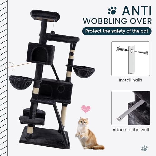 Image of SHA CERLIN 65in Larger Cat Tree Tower Condo for Indoor Kitties /Multi-Level Furniture Activity Center with Wide Base /Cozy Plush Cat Perches /Baskets /Sisal Scratching Posts and Hammock /Dark Grey
