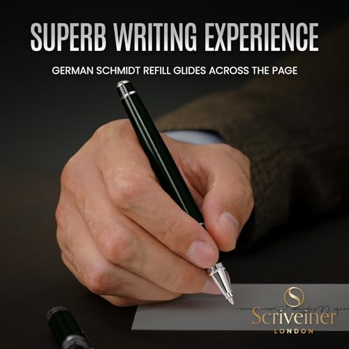Image of Scriveiner Black Green Rollerball Pen - Stunning Luxury Pen, Chrome Finish, Schmidt Ink Refill, Best Roller Ball Pen Gift Set for Men & Women, Professional, Executive Office