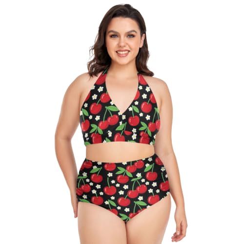 Bikini taille plus cerisier fleuri rouge noir réglable