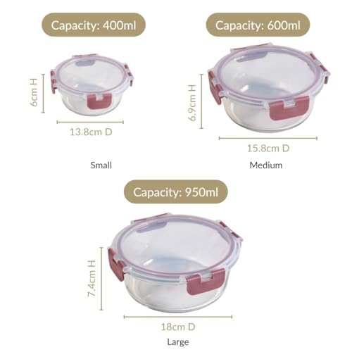 Image of Nestasia Nestro Airtight Glass Containers with Lid Set of 3 (400ml, 600ml, 950ml) | Spill Proof Round Glass Containers with Break Free Lock - Microwave, Dishwasher & Freezer Safe (Mauve)