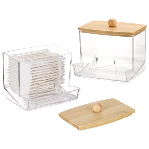 Image of Tbestmax 2 Pack 10oz Qtip Holder Dispenser with Bamboo Lids, Big Clear Bathroom Organizer Accessories Decor for Storage-Qtips Cotton Ball Holder Apothecary Jars, Cotton Swabs, Floss Container