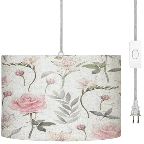 Wylz0123Xzan Plug In Pendant Light Floral Of Tender White And Pink Flowers Hand Drawn Hanging Lamp With Plug In Cord 16.4 Ft Dimmable Switch Fabric Shade Hanging Light For Bedroom Kitchen Living Room cover