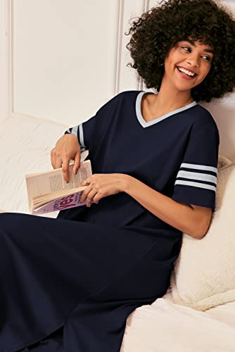 Image of Ekouaer Long Nightgown, Womens V Neck Loungewear Oversized Sleepwear Loose Sleep Dress S-4XL