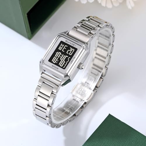 MASTOP Gold Digital Watch for Women Square Stainless Steel Waterproof LED Watch with Date, Alarm, Stopwatch, Countdown (Silver Black) by MASTOP - Used condition - Image 3