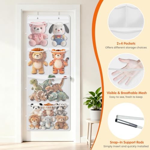 SpaceHacks Stuffed Animal Storage - Large Over the Door Organizer with 6 Expandable Mesh Pockets & Metal Hooks, Non-Woven Fabric Hanging Plush Items Holder for Nursery, Bedroom, Playroom (White) — view 3
